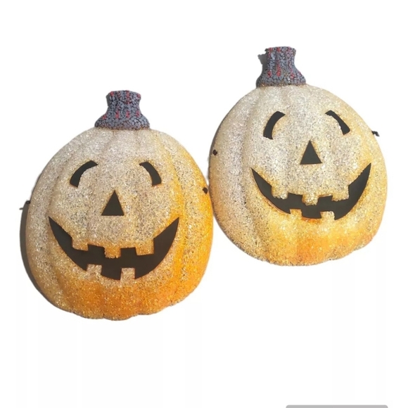 Halloween Jack-O'-Lantern Porch Light Covers 2 Melted Plastic 12×9 Adjustable - Picture 2 of 6